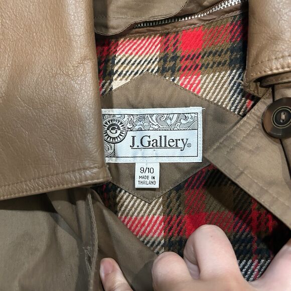 J Gallery Trench Coat 9/10 Long Brown Leather Collar Tie Warm Lined Layering - Picture 4 of 12